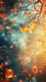 Golden autumn leaves drifting through soft glowing light.