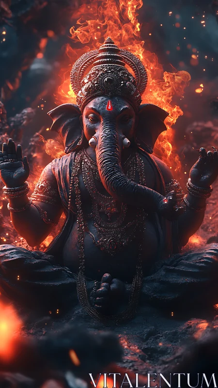 Radiant Ganesha in glowing embers and serene meditation.
