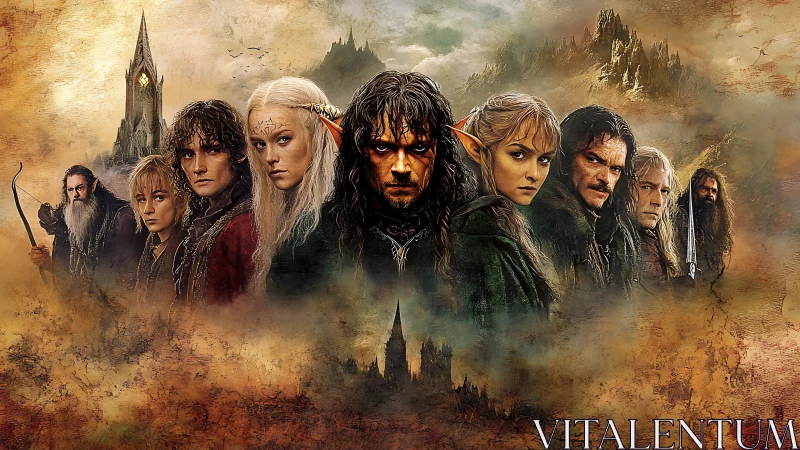 Fantasy warrior ensemble before misty castles and peaks.