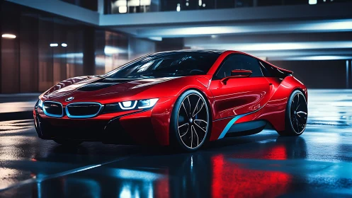 Red BMW hybrid coupe rendered with high-gloss reflections and HDR lighting