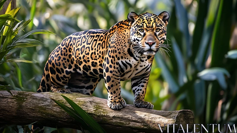Golden-spotted jaguar stands calmly on a sunlit jungle log