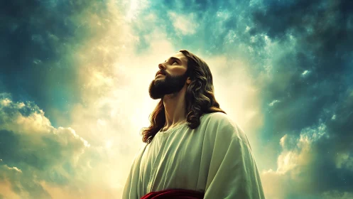 Bearded robed figure gazes upward into radiant sky halo