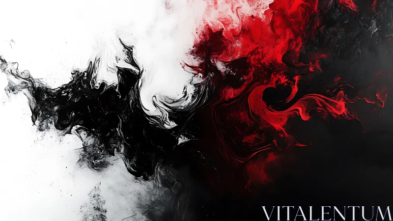 Abstract red and black fluid dynamics on monochrome field.