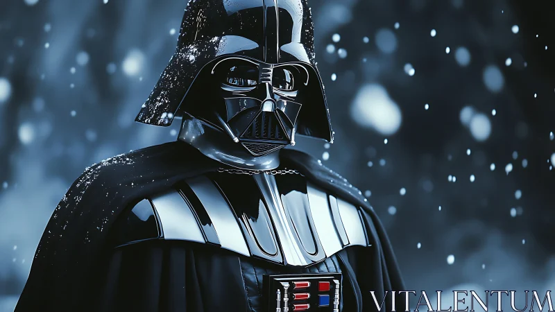 Armored sci fi villain stands under falling snow in cold night