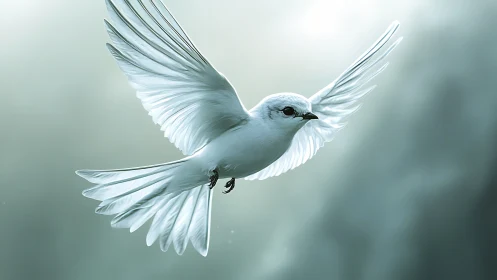 Elegant White Bird in Flight with Soft Light, Realistic Style.