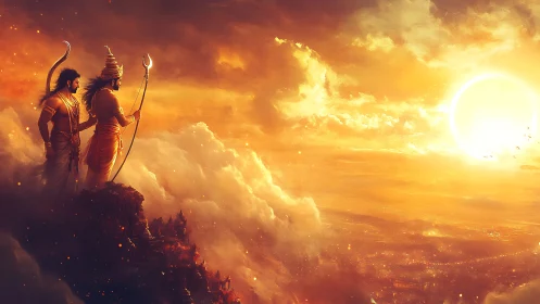 Sunlit guardians watching over a golden cloud kingdom.