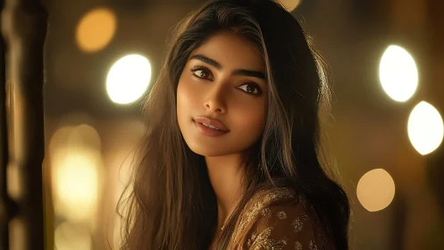 Softly glowing portrait amid warm festival bokeh lights.