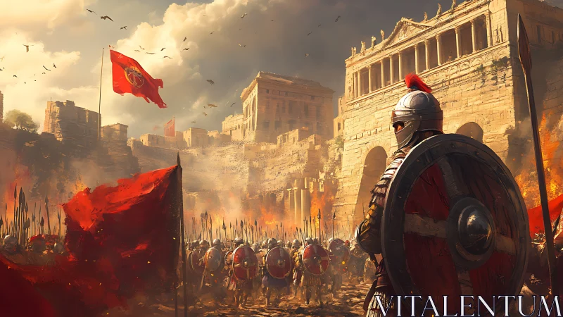 Roman heavy infantry assaulting burning classical citadel walls