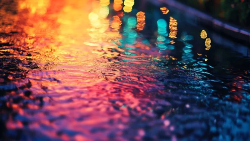 Defocused colored light reflections extend across rippled water