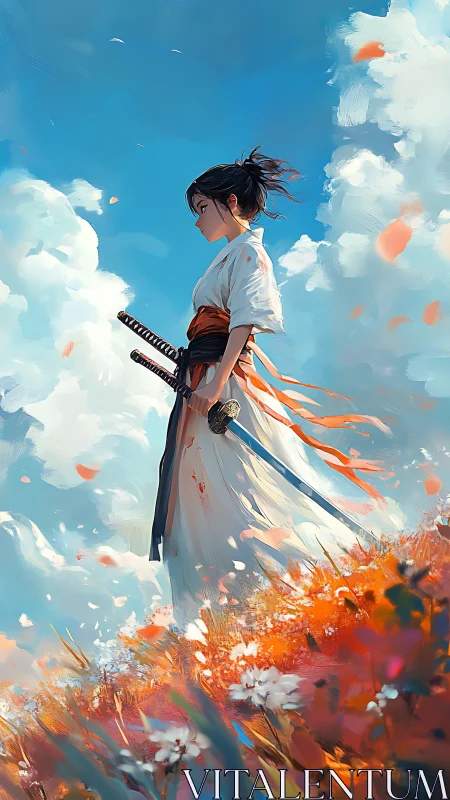 Samurai girl walking through bright flower fields at dawn.