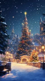 Snow covered town square centers tall lit Christmas tree