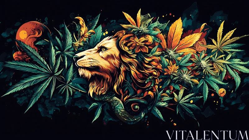 Lion head entwined with neon foliage on deep black field.