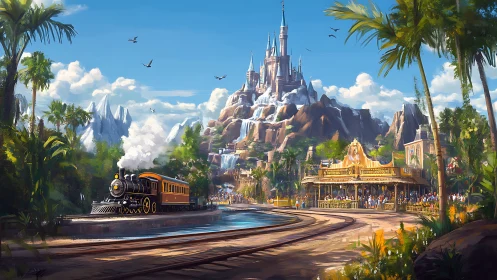 Digital painting of fantasy castle railway with lush park setting.