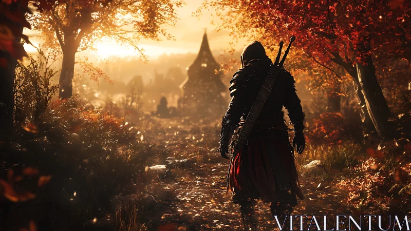 Hooded warrior walks a golden autumn path at dusk