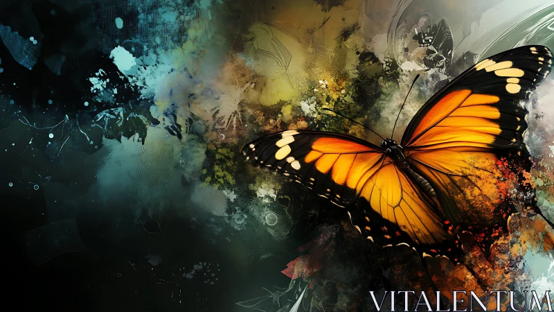 Radiant monarch butterfly emerges from abstract color storm.