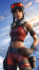 Stylized winter-clad female adventurer in snowy mountains.