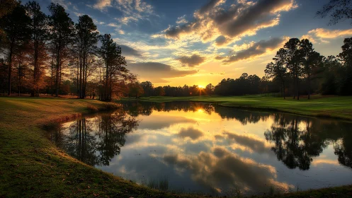 Sunset orchestra over mirror-still forest lake glow.