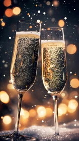 Sparkling champagne flutes glow against festive bokeh lights