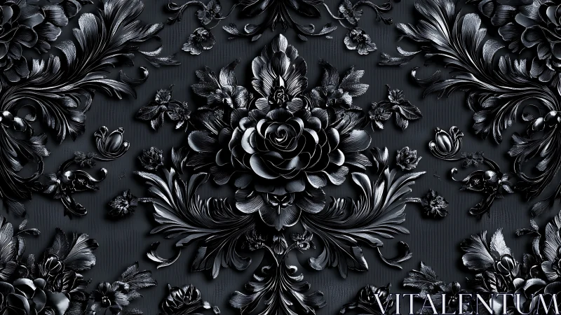 Ornate black floral relief in baroque metallic symmetry.
