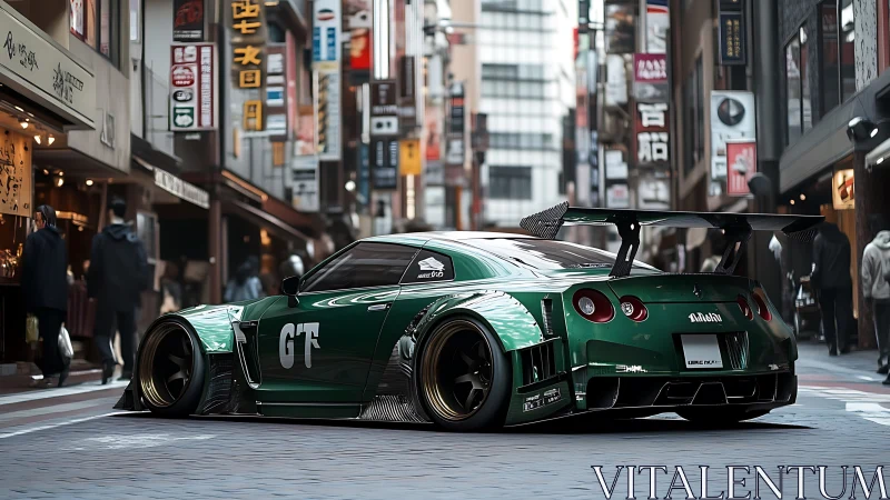 Modified green GT sports car on narrow urban street scene.