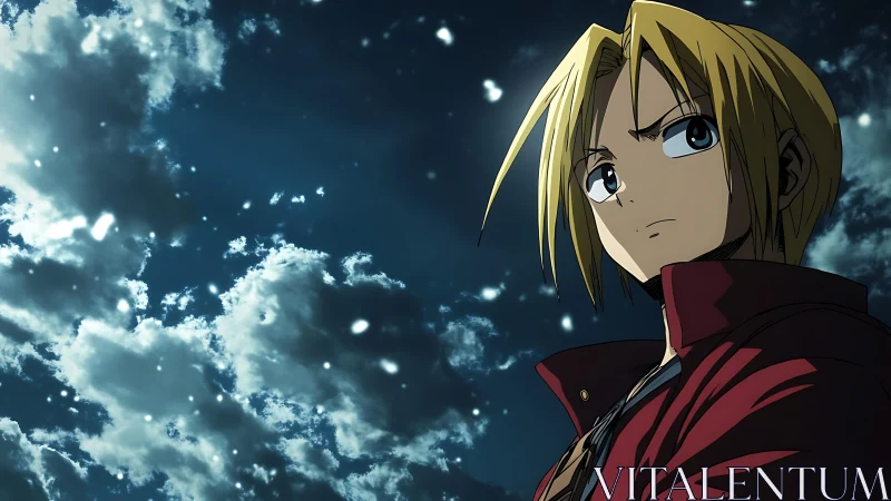 Blond anime protagonist under nocturnal cloudfield snowfall.