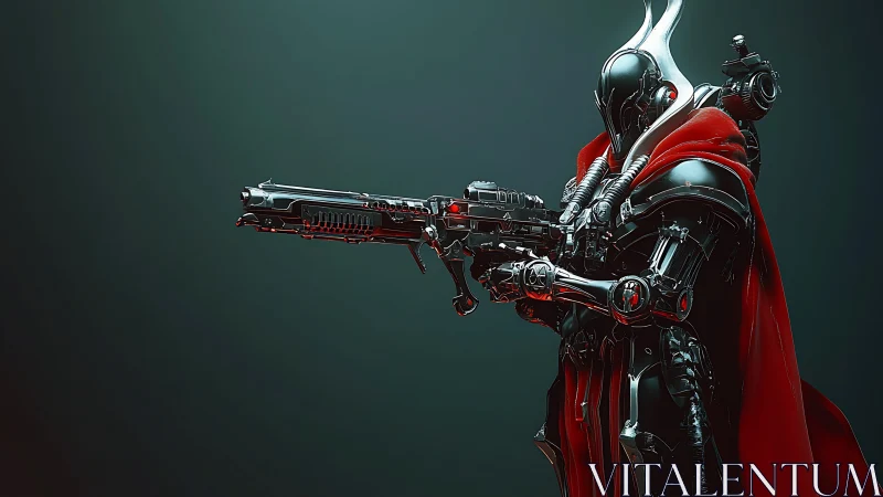 Cybernetic sniper knight in red cloak aiming rifle.