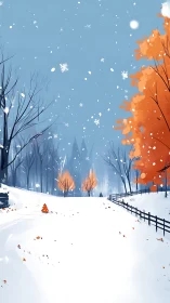 Snowy country lane with vivid orange autumn trees at dusk.
