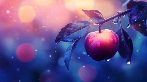Glowing dewy apple drifting in dreamy twilight colors.