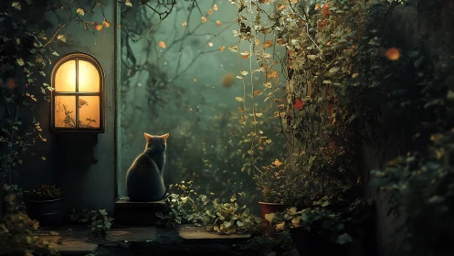 Cat under lantern watching misty enchanted garden at dusk.