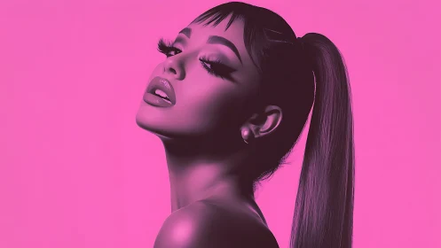 Confident pink portrait with sleek ponytail and bold glam.