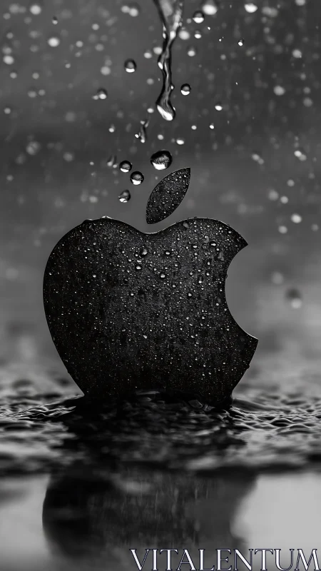 Monochrome Apple logo with water droplets in vertical frame.