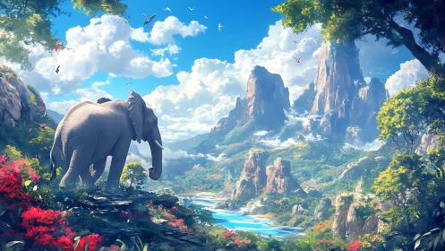 Elephant sunrise pilgrimage across dream-carved valley peaks.