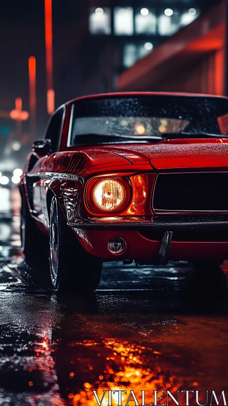 Red vintage coupe is parked on a wet urban street at night