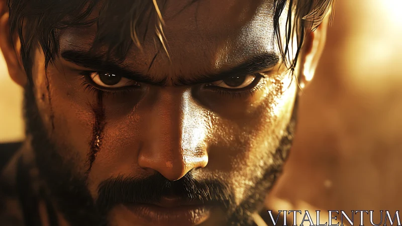 Burnished glare of a battle-scarred warrior in molten light.