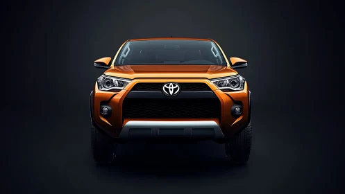 Front-on studio render of orange Toyota SUV with LED cluster