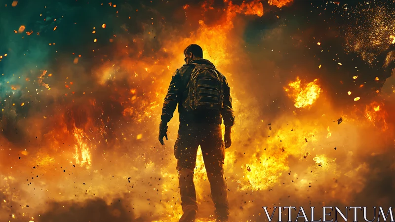 Solitary figure silhouetted against explosive inferno with dynamic particle dispersion effects