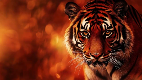 Tiger portrait under molten bokeh light with intense gaze.