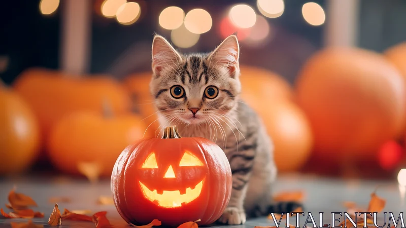 Curious Kitten Encounters a Glowing Jack-O-Lantern