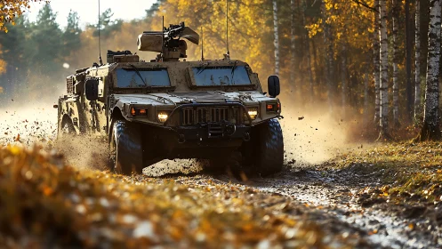 Armored all-terrain patrol vehicle traversing muddy forest trail.