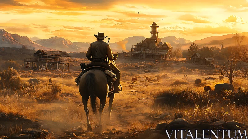 Lone rider returning to a ghostly frontier town at sundown.