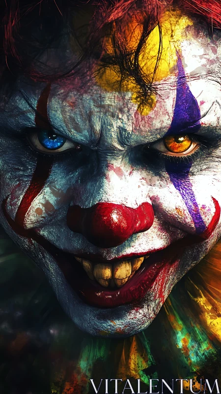 Carnival nightmare clown grinning with mismatched eyes.
