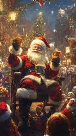 Santa raises festive toasts before glowing village tree