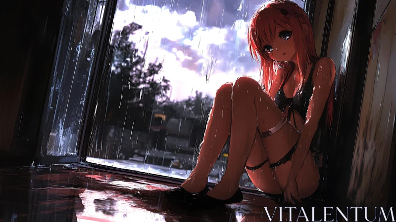 Rain-soaked girl in doorway under dusk city downpour.