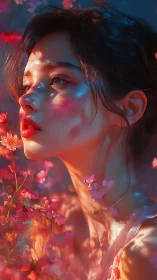 Dreamlit portrait wrapped in glowing blossoms and color.