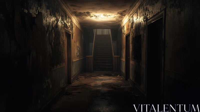 Decayed interior corridor with central staircase and doors.