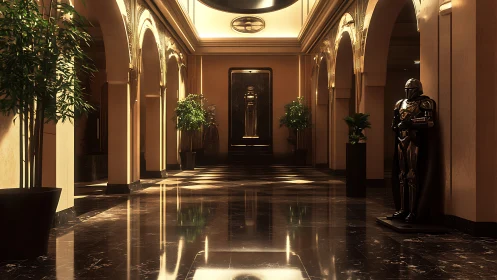 Elegant Sanctuary with Glowing Archways and Artistic Sculptures