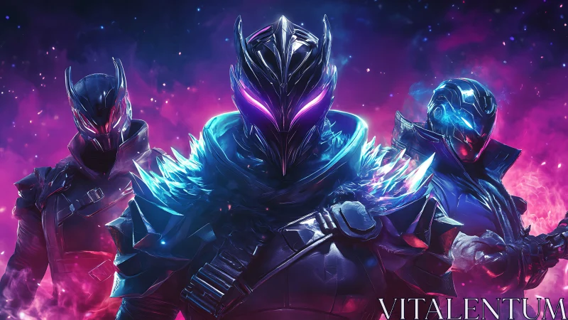 Armored futuristic trio in neon vaporwave sci fi environment.