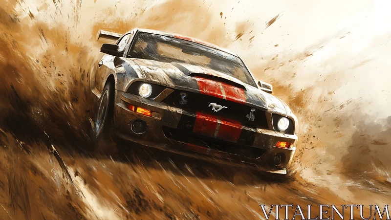 Rally muscle car powerslide in cinematic dust storm lighting.