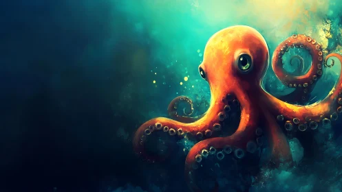 Vibrant orange octopus drifting through glowing teal sea.