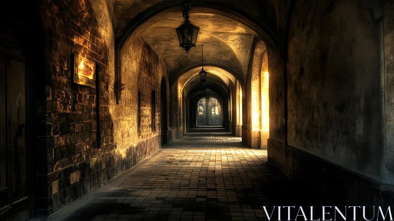 Golden light gently fills a quiet, timeworn stone arcade